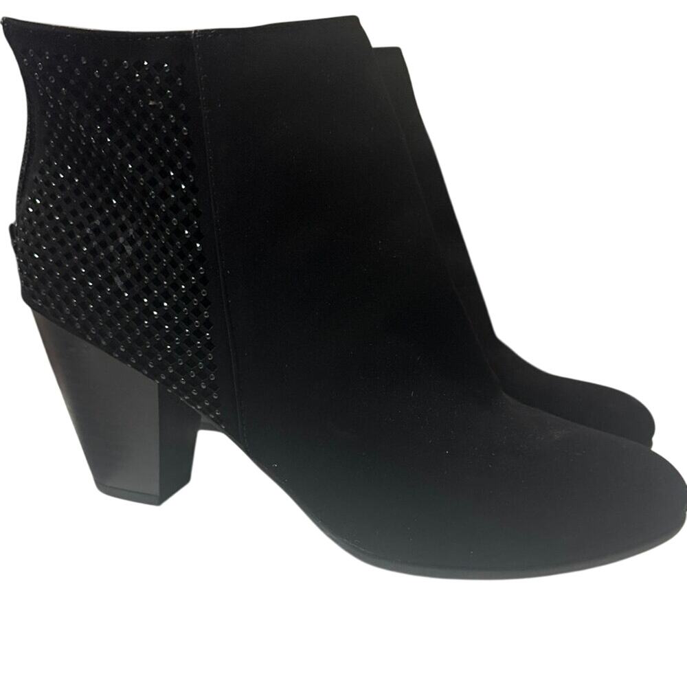 Andiamo Ankle Heel Boots 3" Stacked heel Sparkle beaded Lattice Faux Suede sz 10